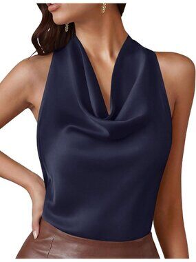 ✨Women Navy Cowl Neck Silk Blouse Sleeveless Date Night Satin Halter Top